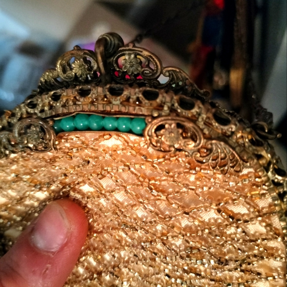 Beaded gold vintage clutch with green jade snap enclosure
